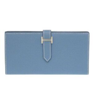 Hermes Bearn Souffle Blue Jean Vaux Epson Stamped L Long Wallet Blue